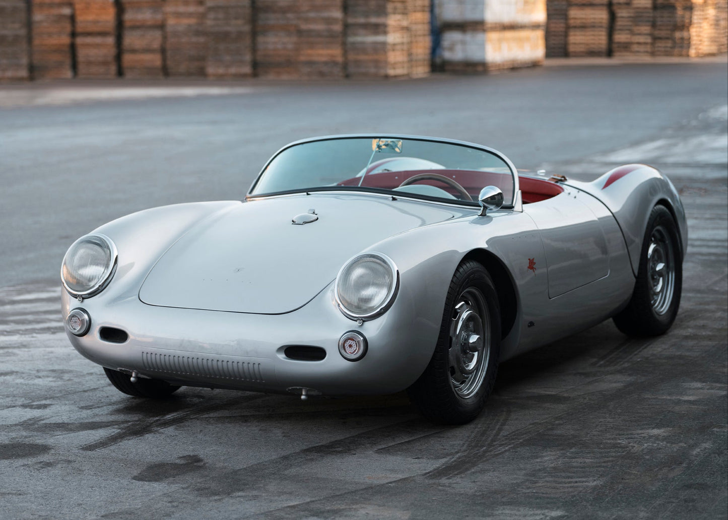 Front. Silver colored 1955 Beck 550 Spyder classic car for sale.