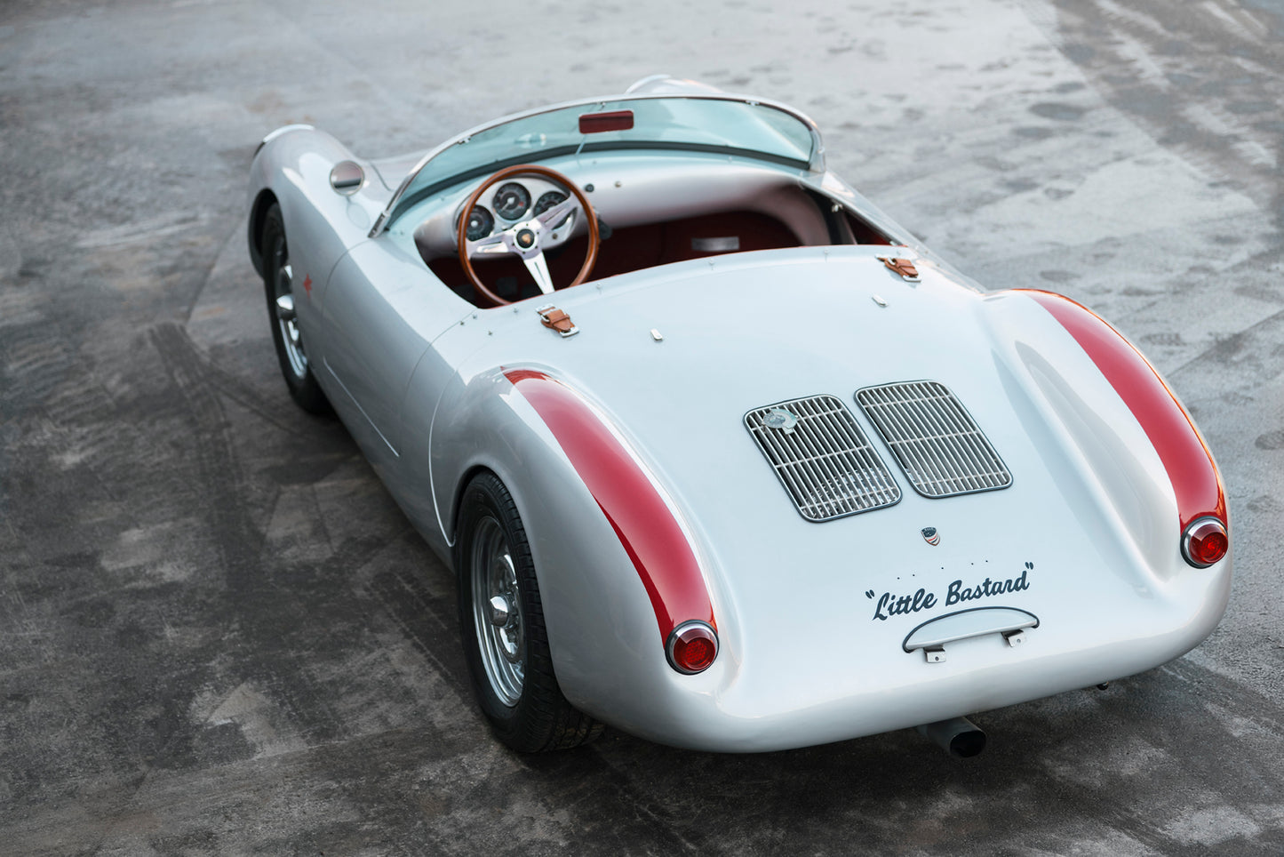 Inscription detail and red accents. 1955 Beck 550 Spyder for sale.