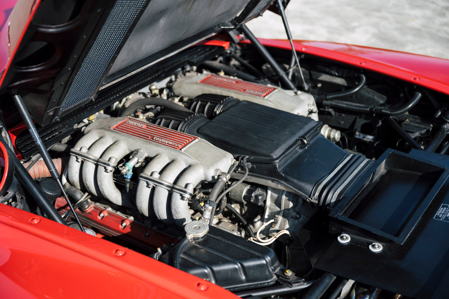Engine. 1991 Ferrari Testarossa classic car.