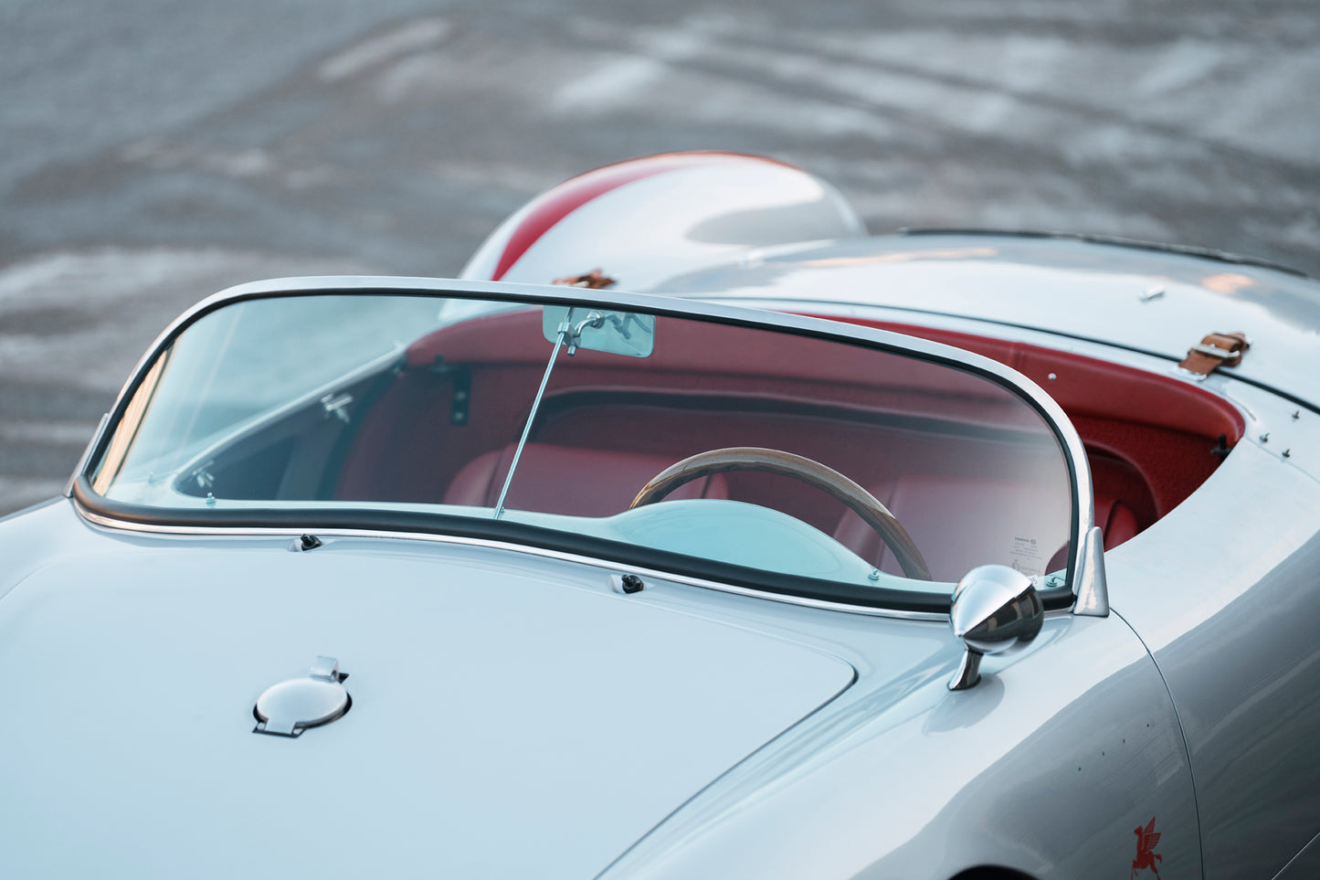 Windshield closeup. 1955 Beck 550 Spyder classic car for sale.