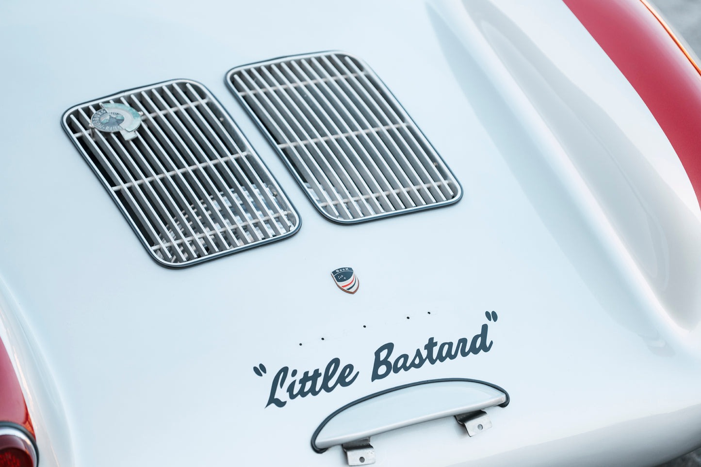 Engine hood inscription detail. 1955 Beck 550 Spyder classic car.