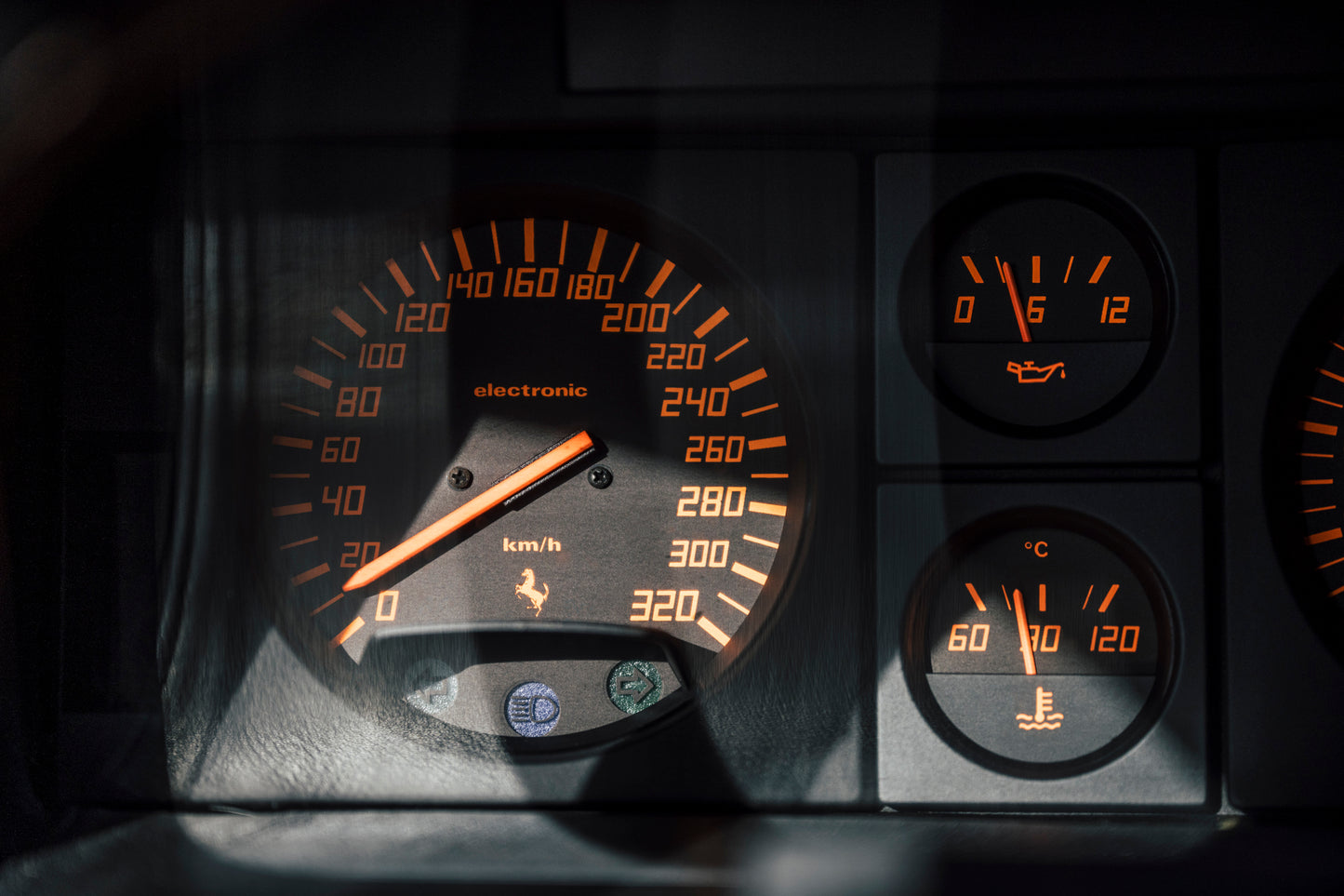 Speedometer of a 1991 Ferrari Testarossa for sale.