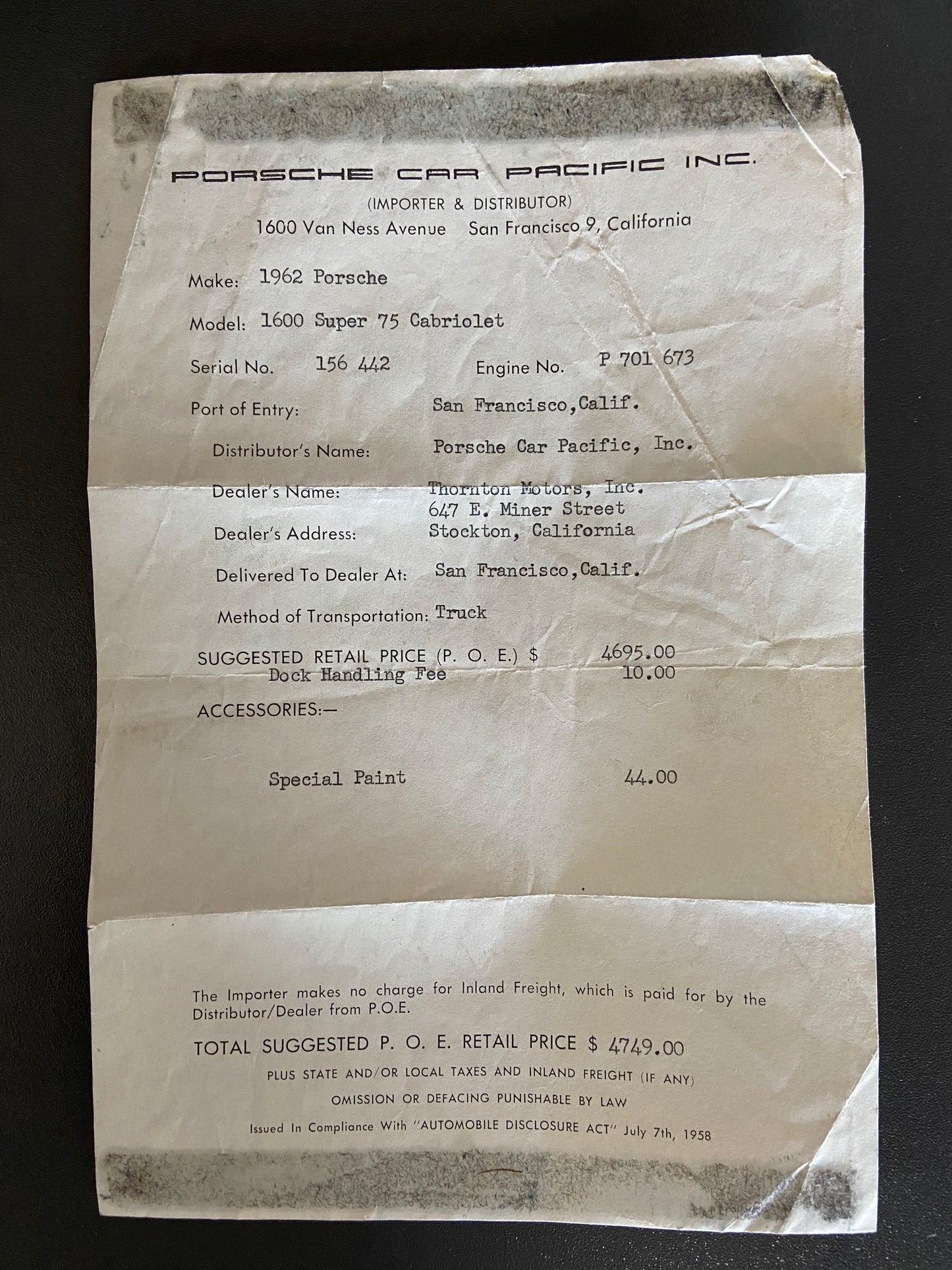 Order note. 1962 Porsche 356 B 1600 Super 75 Cabriolet T6.