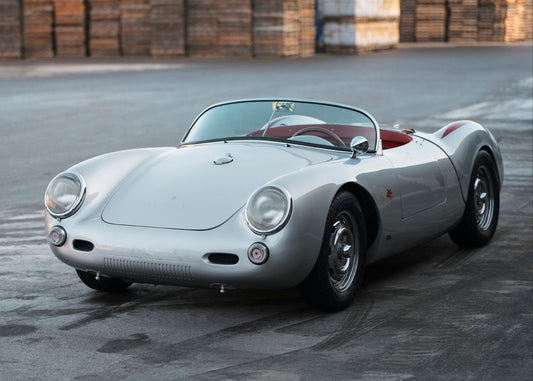 Front. Silver colored 1955 Beck 550 Spyder classic car for sale.