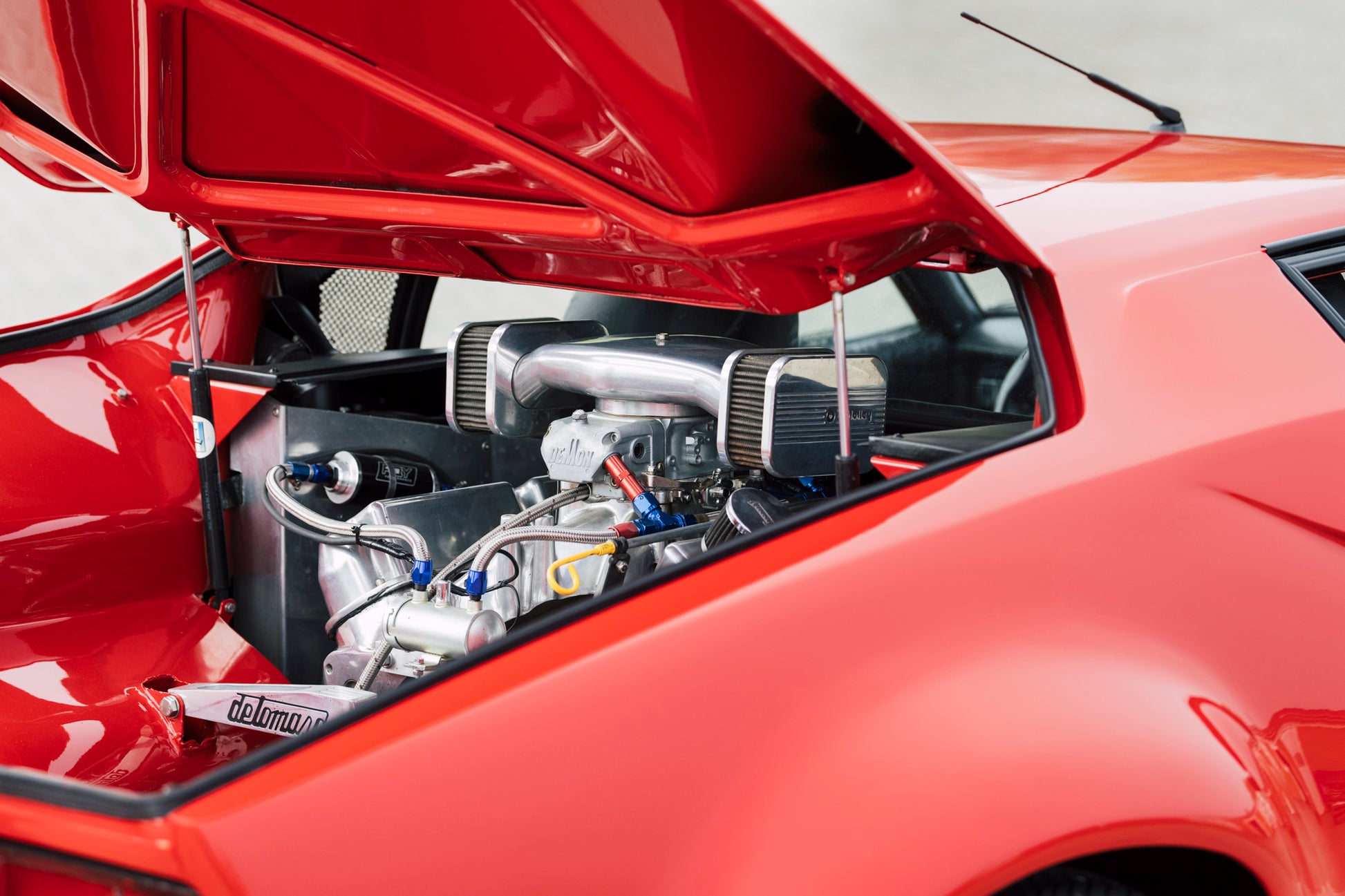 Open engine compartment. 1973 DeTomaso Pantera. For sale.