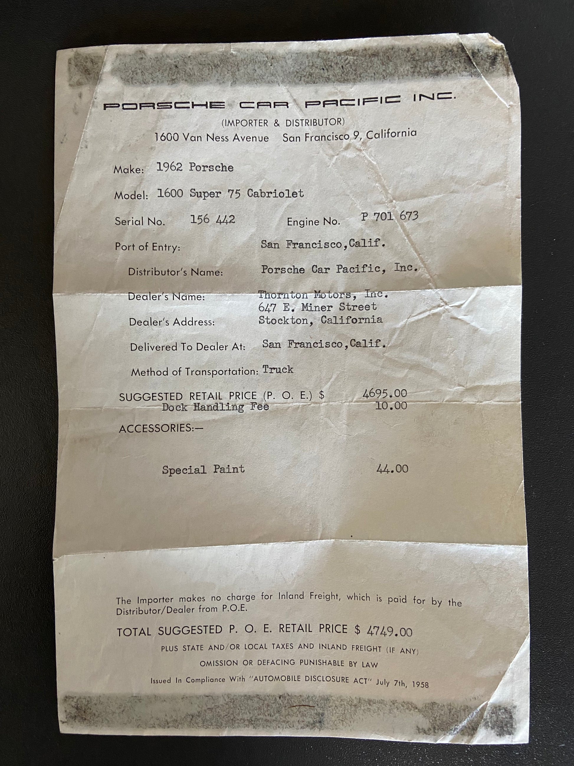 Order note. 1962 Porsche 356 B 1600 Super 75 Cabriolet T6.